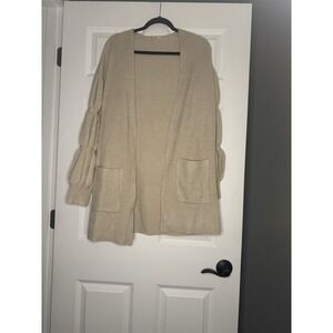 Hem And Thread Open Front Balloon Sleeve Cardigan Sweater Ribbed Tan Medium Nwt